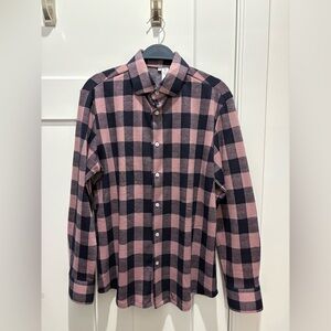 Men's Pink and Navy Plaid Casual Shirt (WORN ONCE)